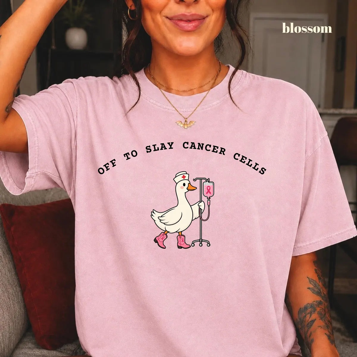 Blossom Comfort Colors 1717 T-shirt with Oncology Nurse design worn by a model