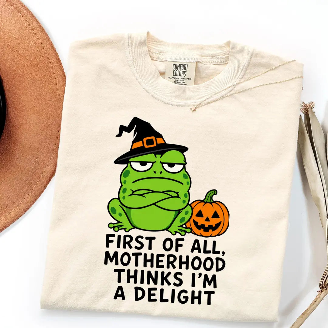 First of All Motherhood Thinks I'm a Delight - Frog Mom Comfort Colors T-Shirt alternate product view in Ivory.