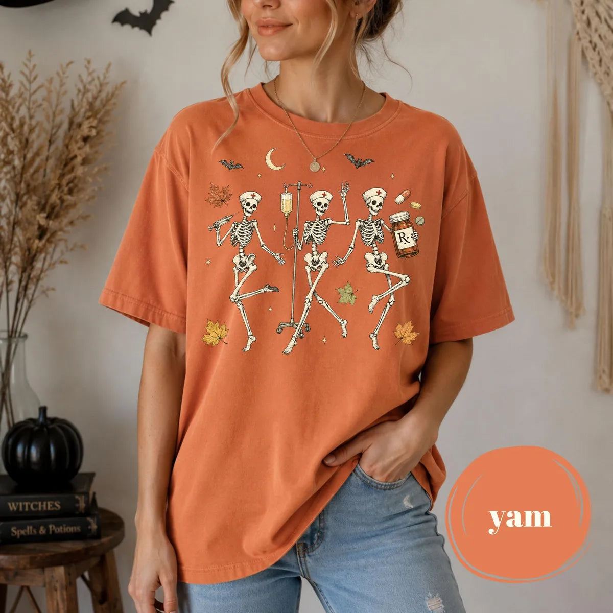 Yam Comfort Colors 1717 T-shirt with Halloween Nurse Skeleton design