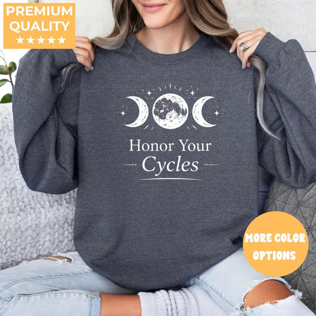 Crewneck sweatshirt with Mental Health Moon Phases design, alternate product view.