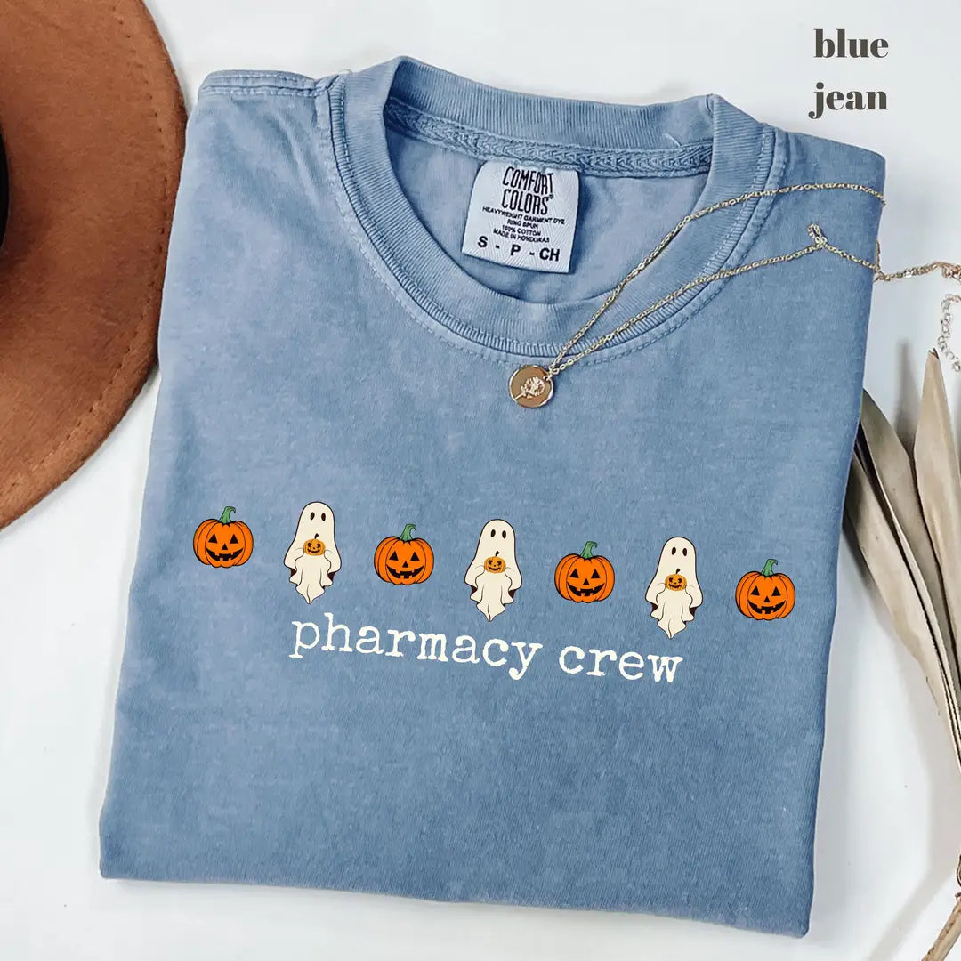 Blue Jean Comfort Colors 1717 T-shirt with Pharmacy Crew Halloween design