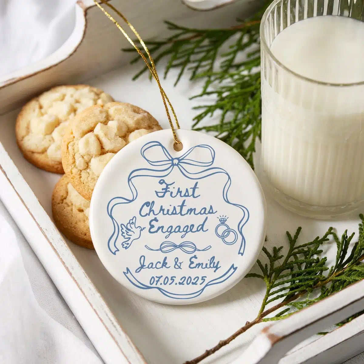 first christmas engaged ornament lifestyle cookies milk