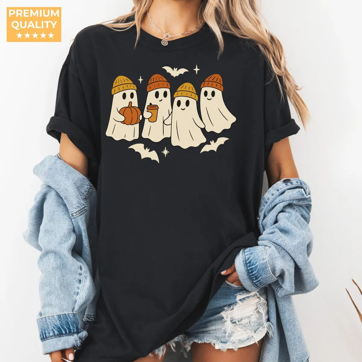 Cozy Beanie Ghosts - Fall Halloween Comfort Colors T-Shirt alternate product view in Black.