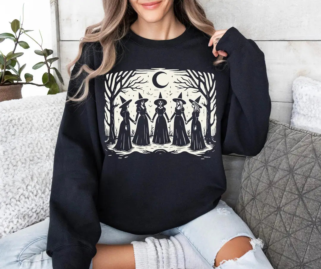 Black Crewneck sweatshirt with printed Vintage Girls Will Be Girls Witch design, alternate product view.