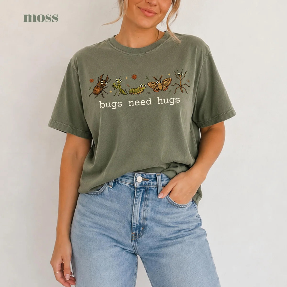 Moss Comfort Colors 1717 T-shirt with Bugs Need Hugs design