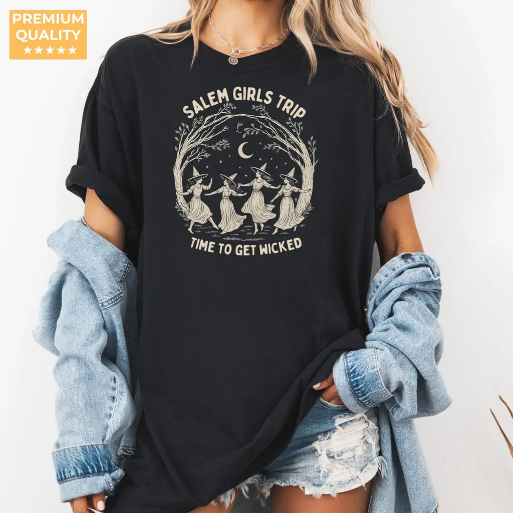 Salem Girls Trip - Dancing Witches Comfort Colors T-Shirt alternate product view in Black.