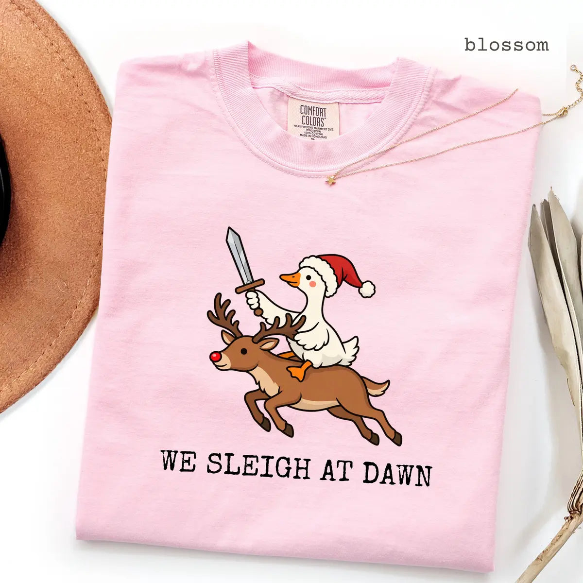 Blossom Comfort Colors 1717 T-shirt with We Sleigh at Dawn Goose design worn by a model