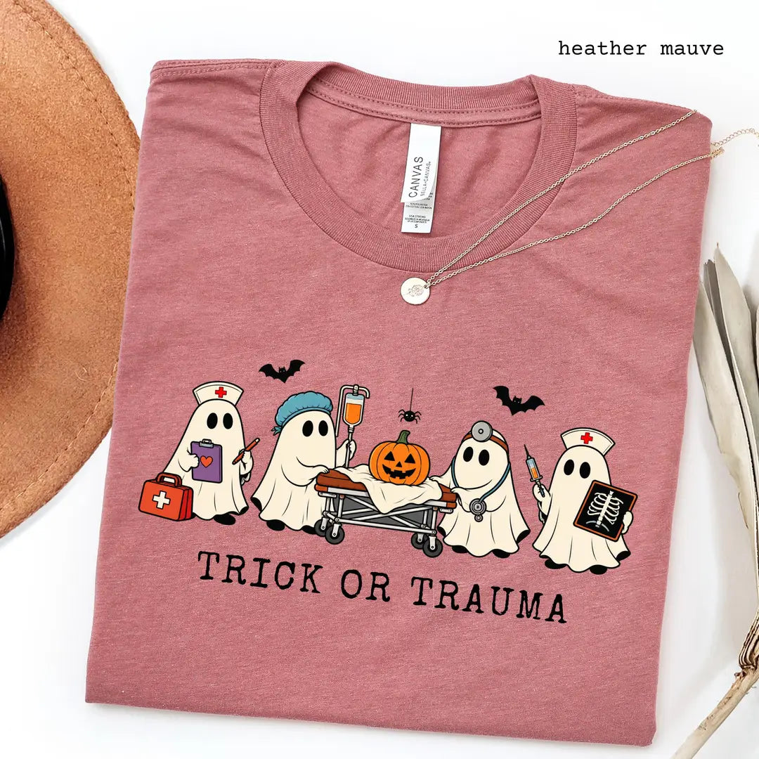 Heather Mauve Bella Canvas 3001 T-shirt with Halloween Nurse design