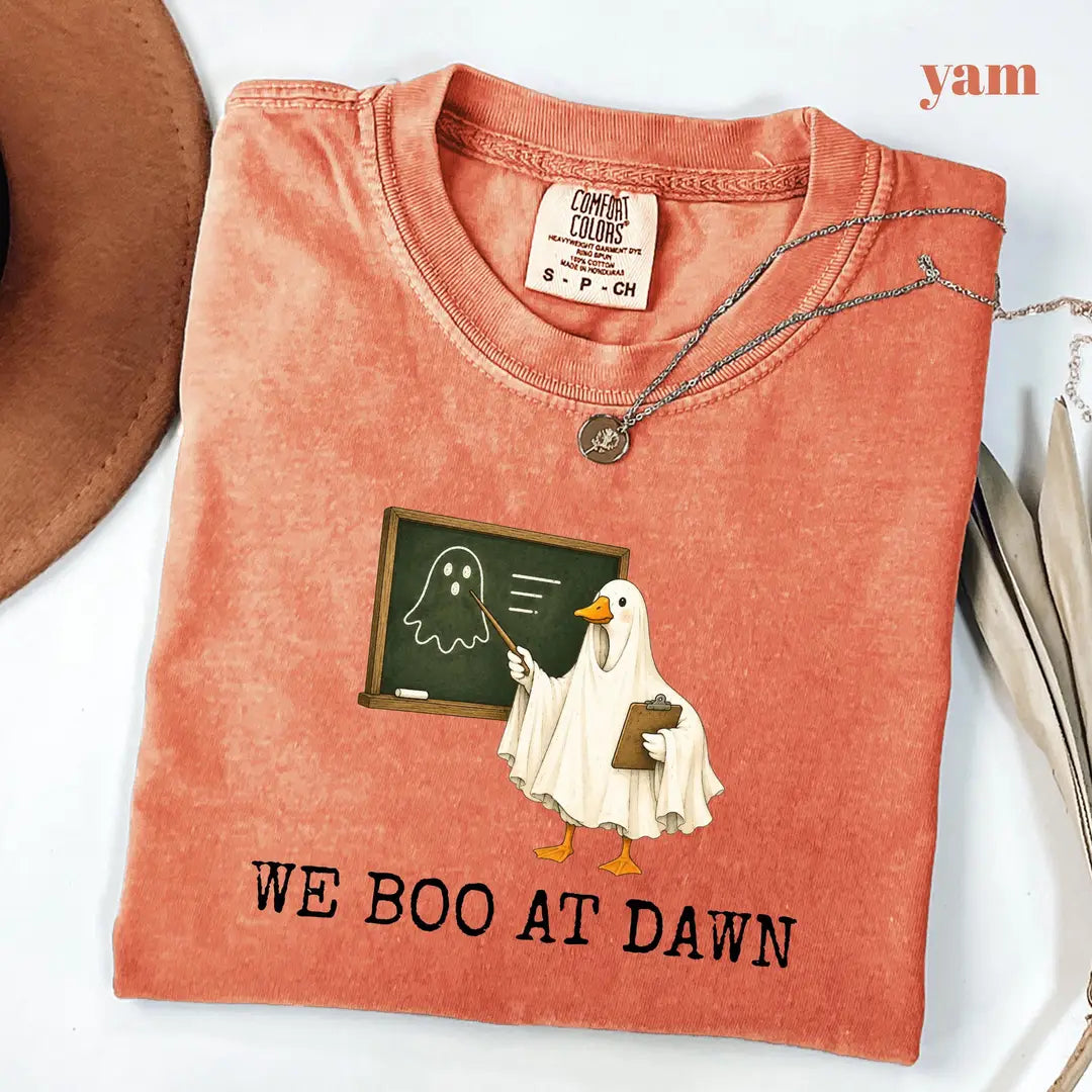 Yam Comfort Colors 1717 T-shirt with We Boo At Dawn Goose design worn by a model