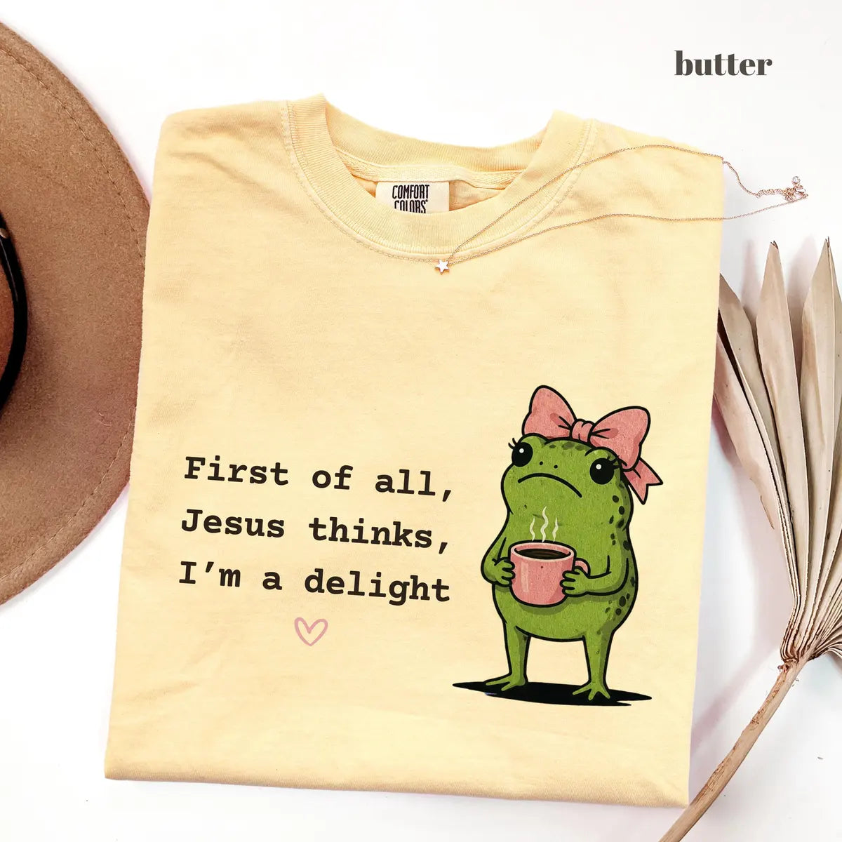 Butter Comfort Colors 1717 T-shirt with First of All Jesus Thinks Im a Delight design worn by a model