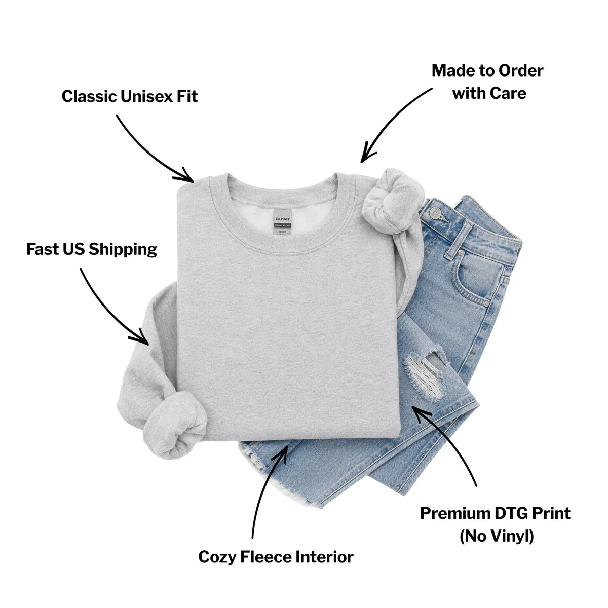 Crewneck sweatshirt features: classic unisex fit, fleece interior, made to order.