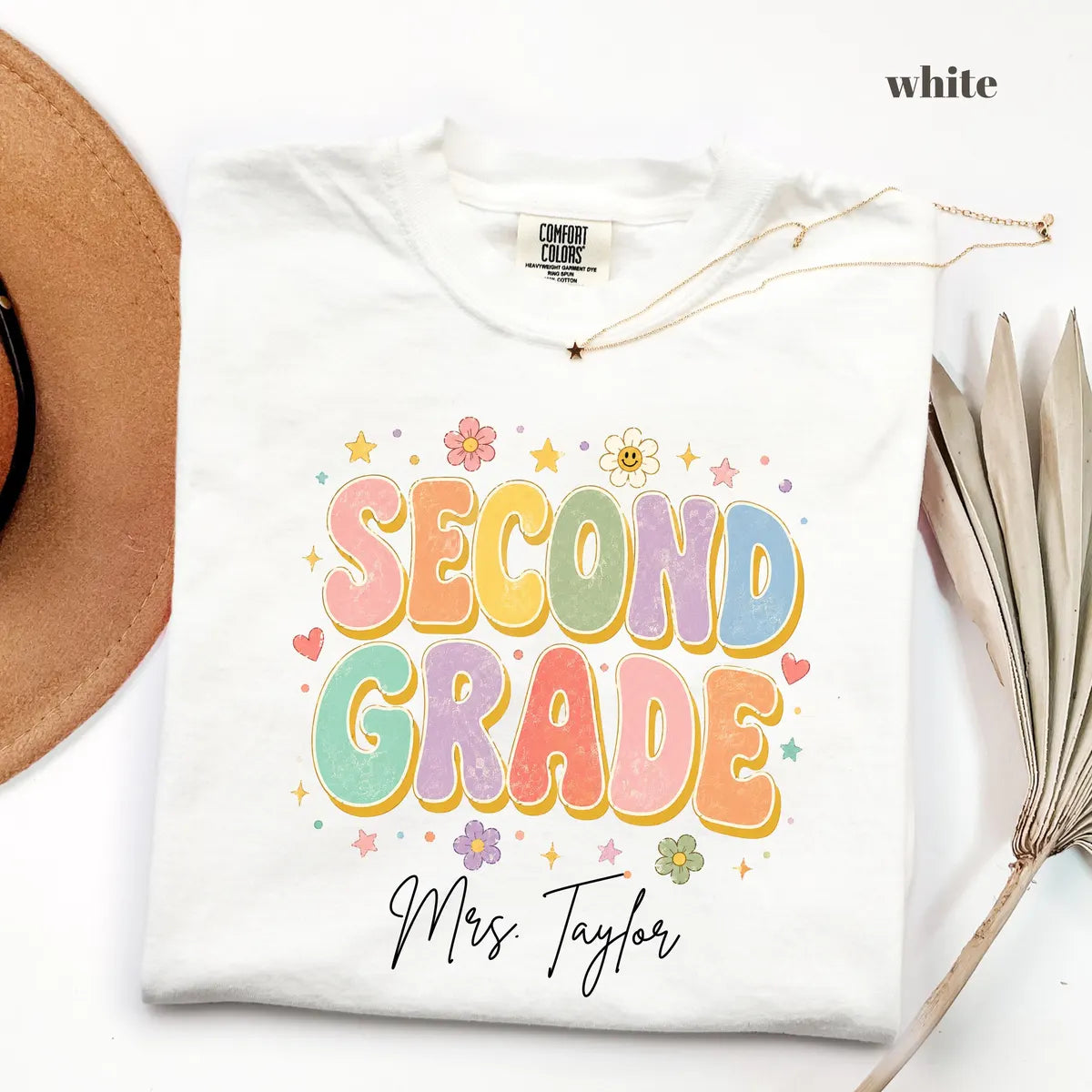 White Comfort Colors 1717 T-shirt with Second Grade Teacher design