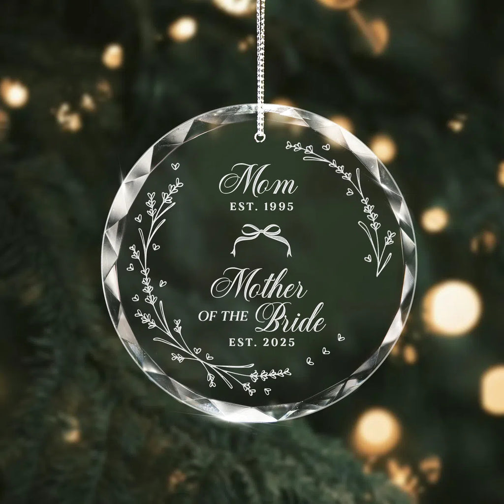 Additional view of a Mother Of Bride personalized engraved engraved crystal glass ornament.