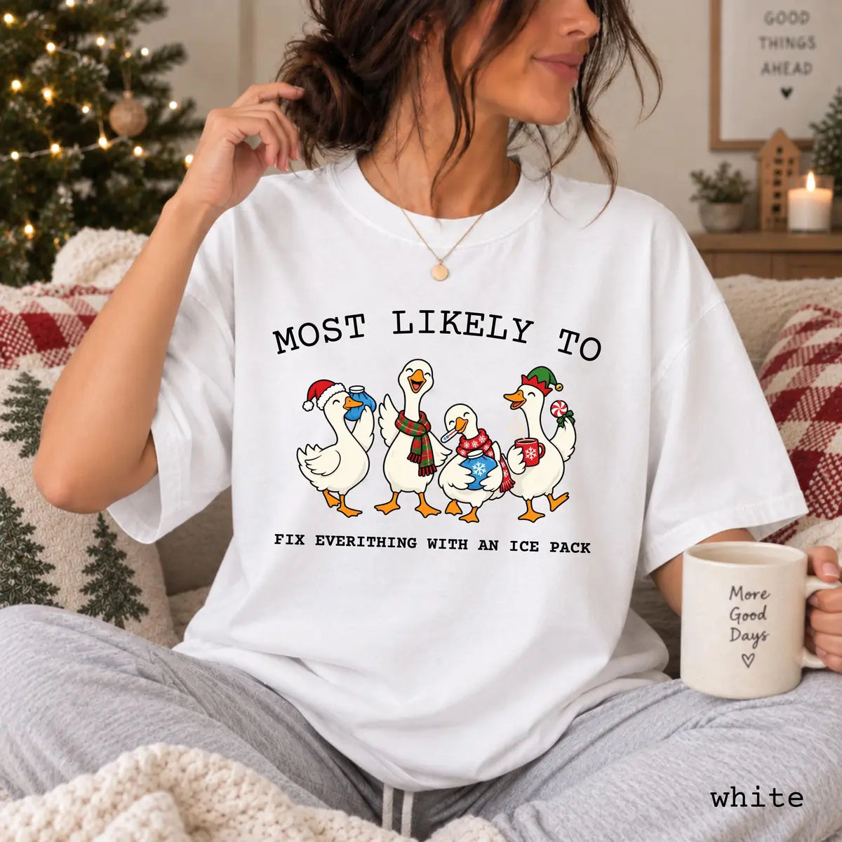 White Comfort Colors 1717 T-shirt with School Nurse Christmas design worn by a model view 2