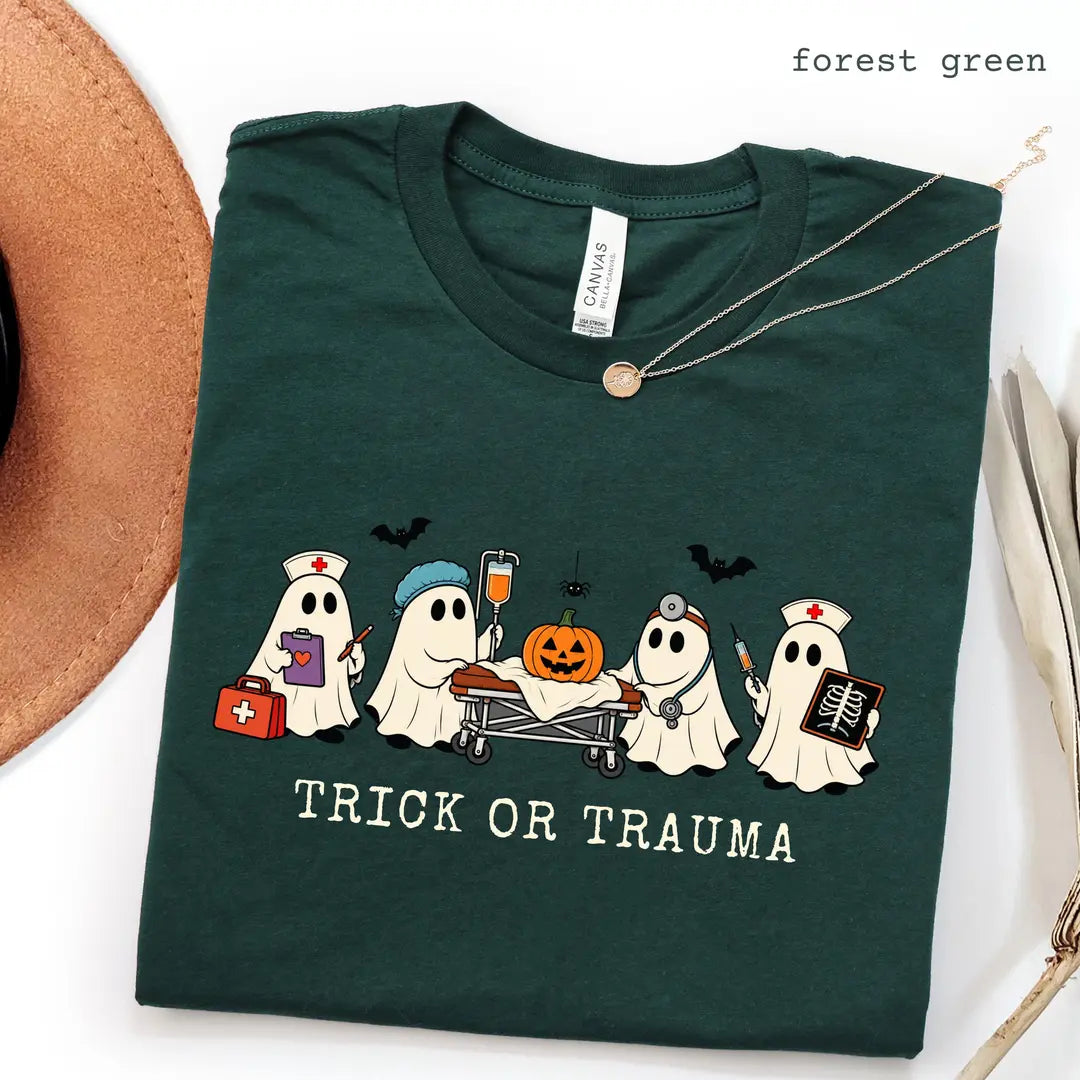 Forest Green Bella Canvas 3001 T-shirt with Halloween Nurse design