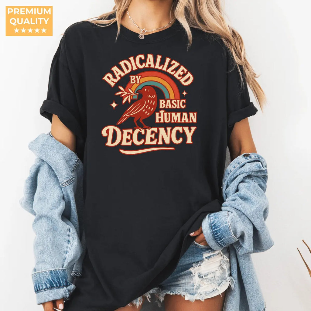 Black Comfort Colors 1717 T-shirt with Radicalized By Basic Decency design, alternate product view.