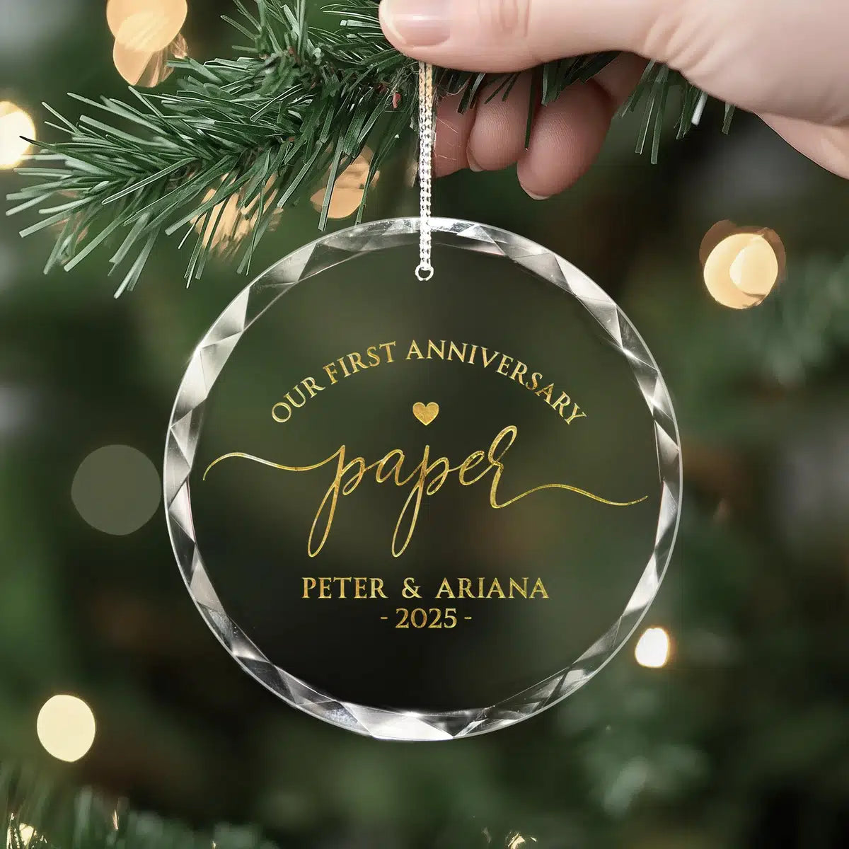 Additional view of a First Anniversary personalized engraved engraved crystal glass ornament.