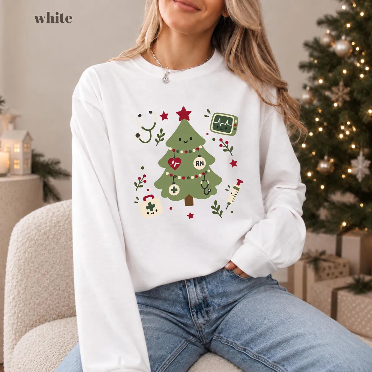 White Comfort Colors 1717 T-shirt with Christmas Tree Nurse design view 2
