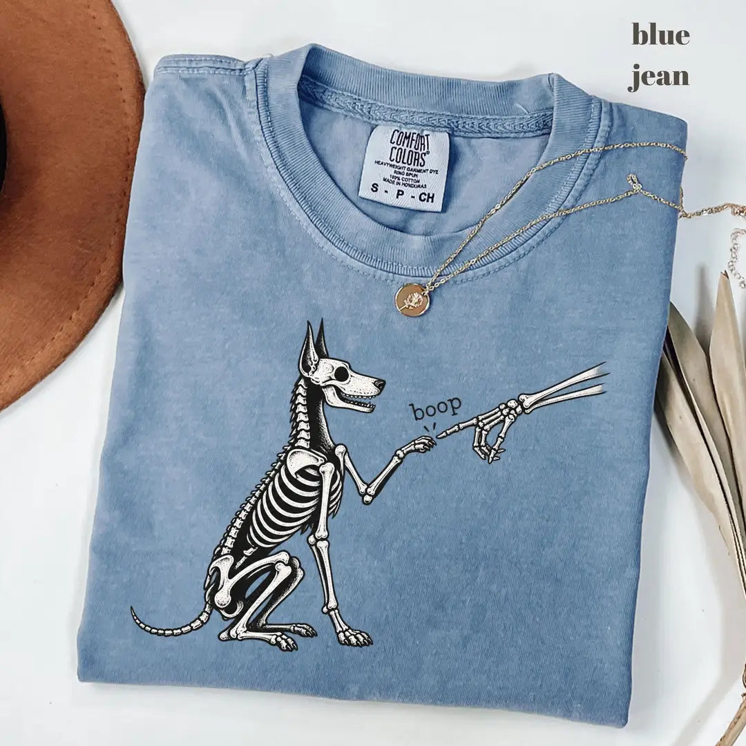 Blue Jean Comfort Colors 1717 T-shirt with Dog Skeleton design