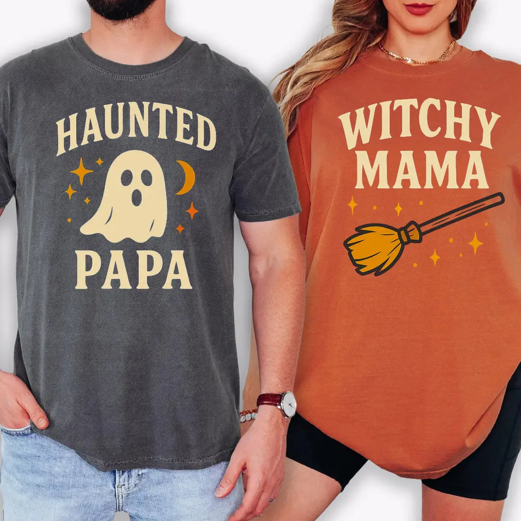 Haunted Papa & Witchy Mama - Matching Halloween Comfort Colors T-Shirt alternate product view.
