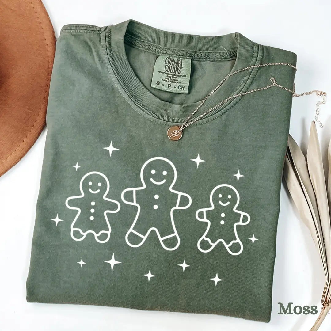 Moss Comfort Colors 1717 T-shirt with Gingerbread Cute Christmas Gingerbread Man Women Holiday T Winter Gift for Baker Christmas Top design, alternate product view.