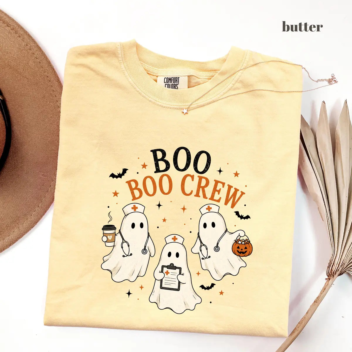 Butter Comfort Colors 1717 T-shirt with Boo Boo Crew Ghost Nurse design