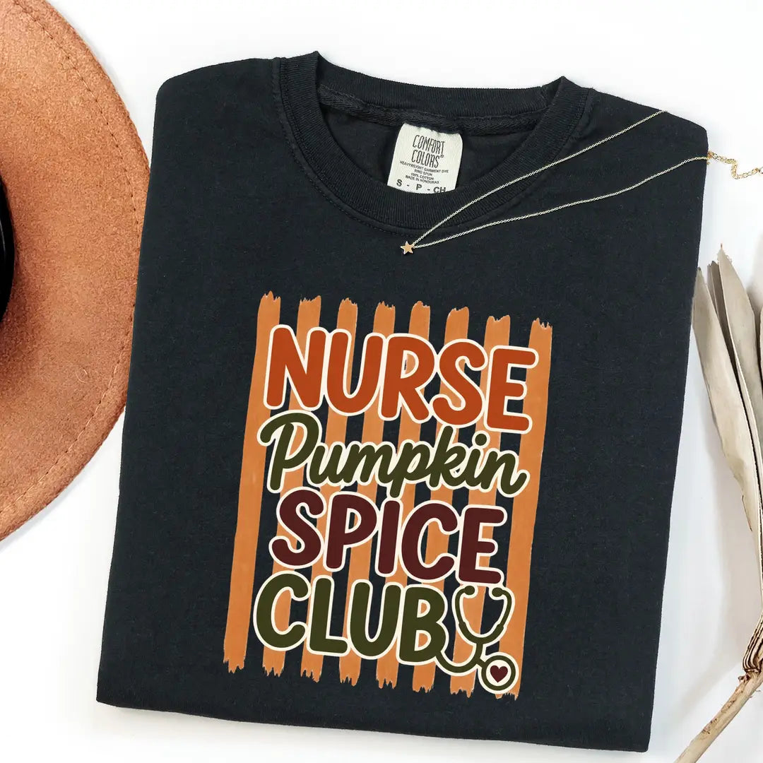 Black CF Comfort Colors 1717 T-shirt with Nurse Pumpkin Spice design