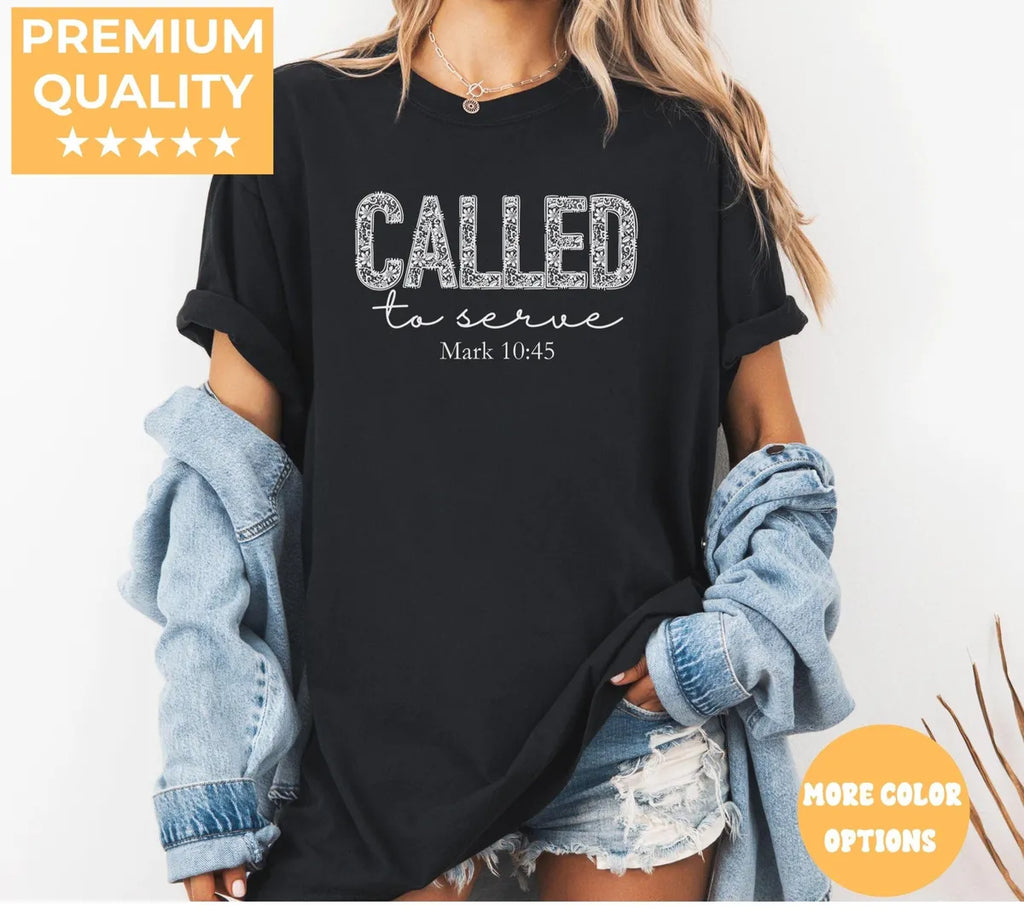 Black Comfort Colors 1717 T-shirt with Called To Serve design, alternate product view.