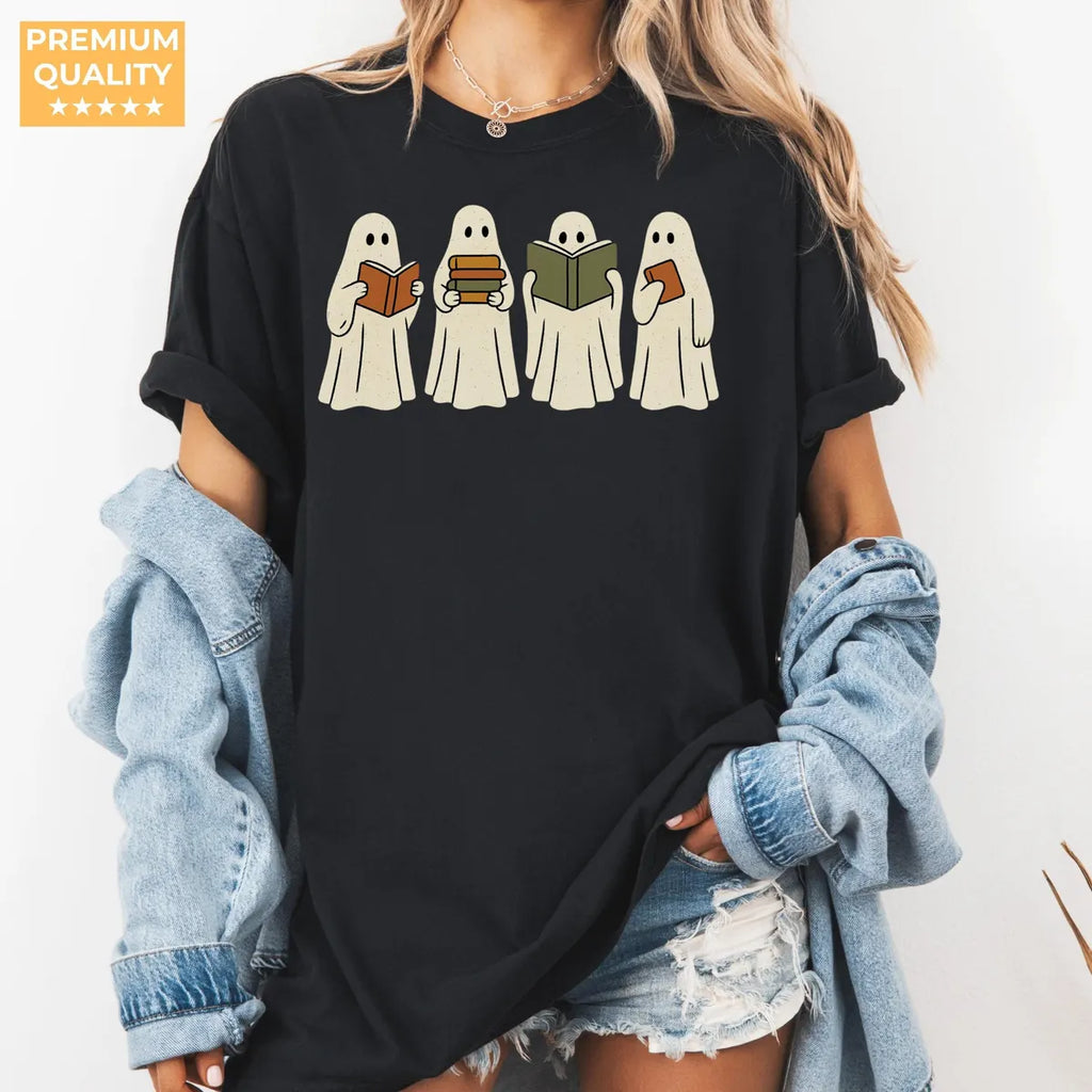 Four Ghosts Reading Books - Bookish Halloween Comfort Colors T-Shirt alternate product view in Black.