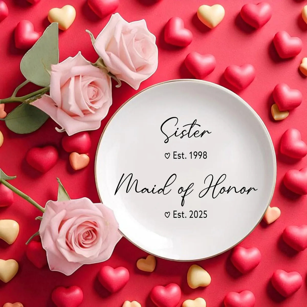 Round ceramic maid of honor ring dish with Sister Est. 1998 and Maid of Honor Est. 2025 text, styled with pink roses on red hearts