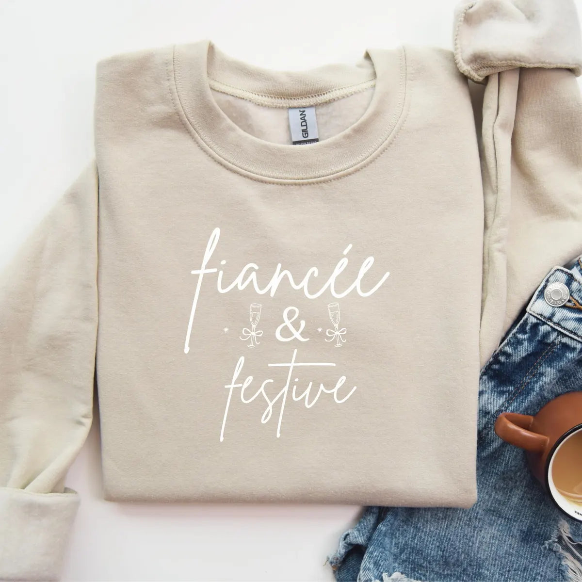 Sand Crewneck sweatshirt with embroidered Fiancé Christmas design, alternate product view.