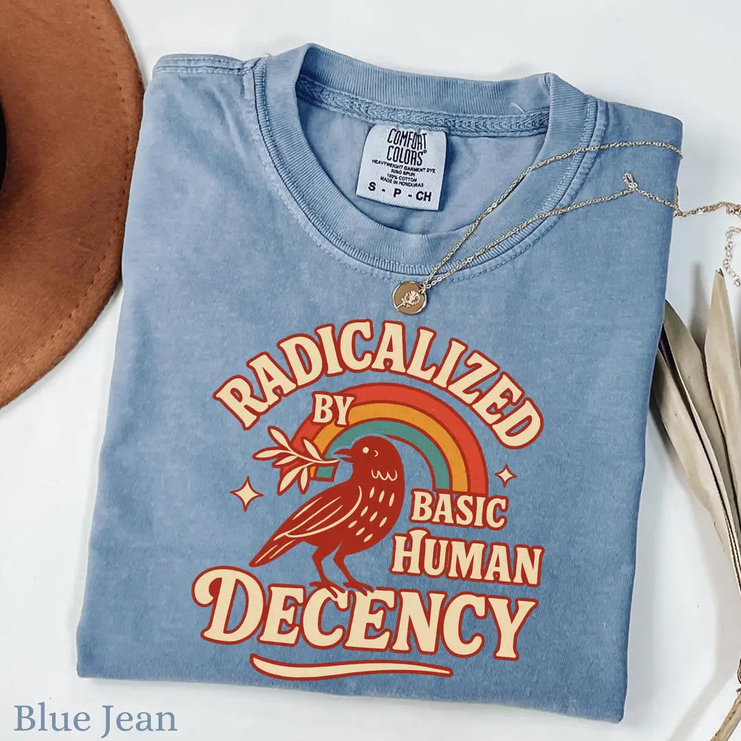 Blue Jean Comfort Colors 1717 T-shirt with Radicalized By Basic Decency design, alternate product view.