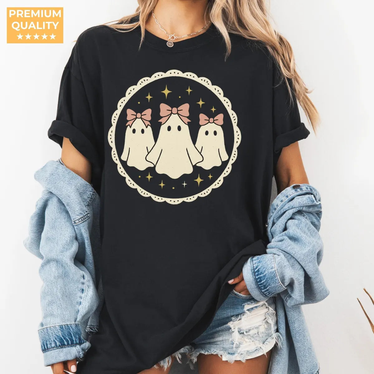 Bow Ghosts - Coquette Halloween Comfort Colors T-Shirt alternate product view in Black.