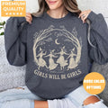 Dark Heather Crewneck sweatshirt with Vintage Girls Will Be Girls Witch design, hero view.
