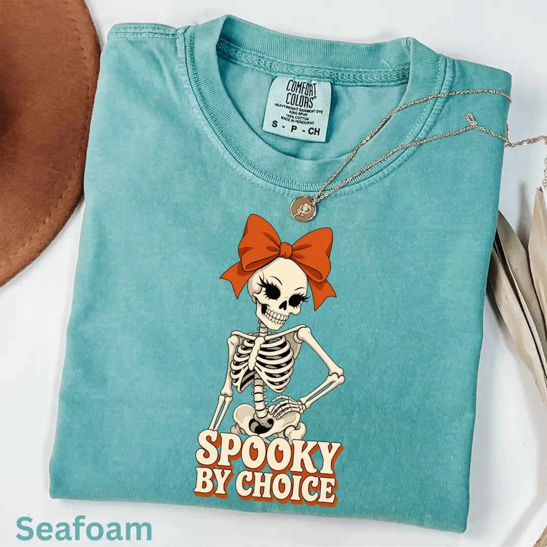 Spooky By Choice Skeleton Comfort Colors T-Shirt alternate product view in Seafoam.