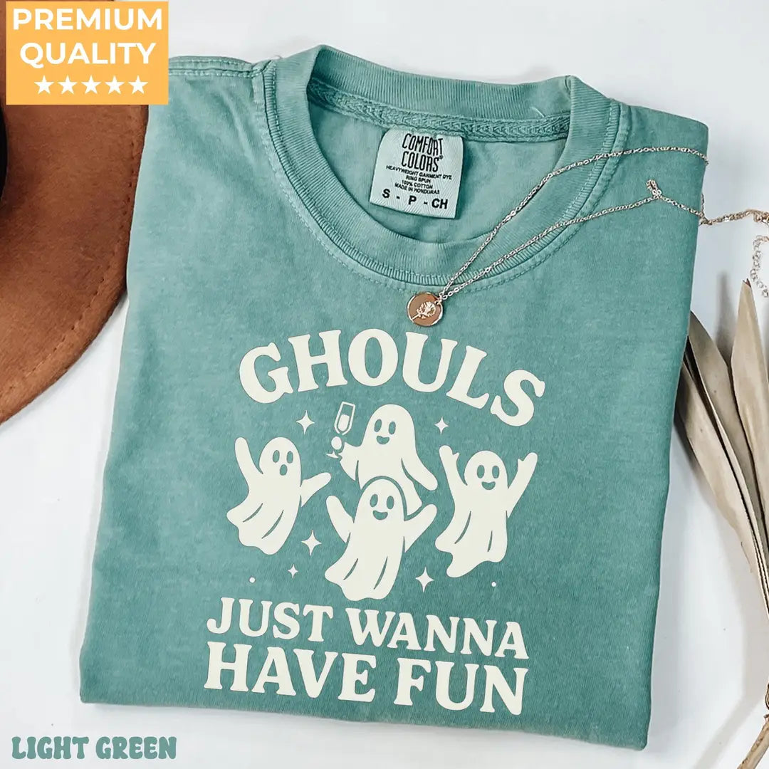 Ghouls Just Wanna Have Fun - Ghost Halloween Comfort Colors T-Shirt alternate product view in Light Green.
