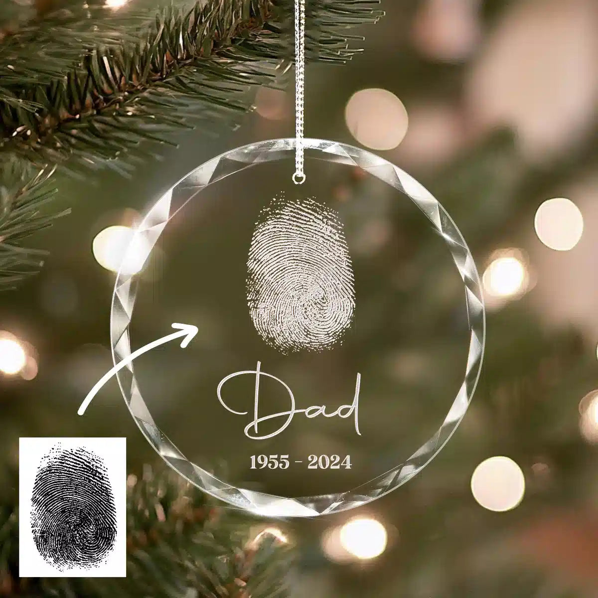 Personalized engraved crystal glass ornament featuring Fingerprint Memorial.
