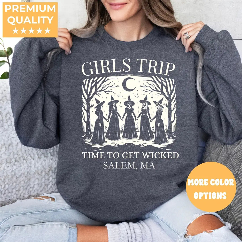 Dark Heather Crewneck sweatshirt with Salem Girls Trip design, alternate product view.