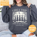 Dark Heather Crewneck sweatshirt with Salem Girls Trip design, alternate product view.