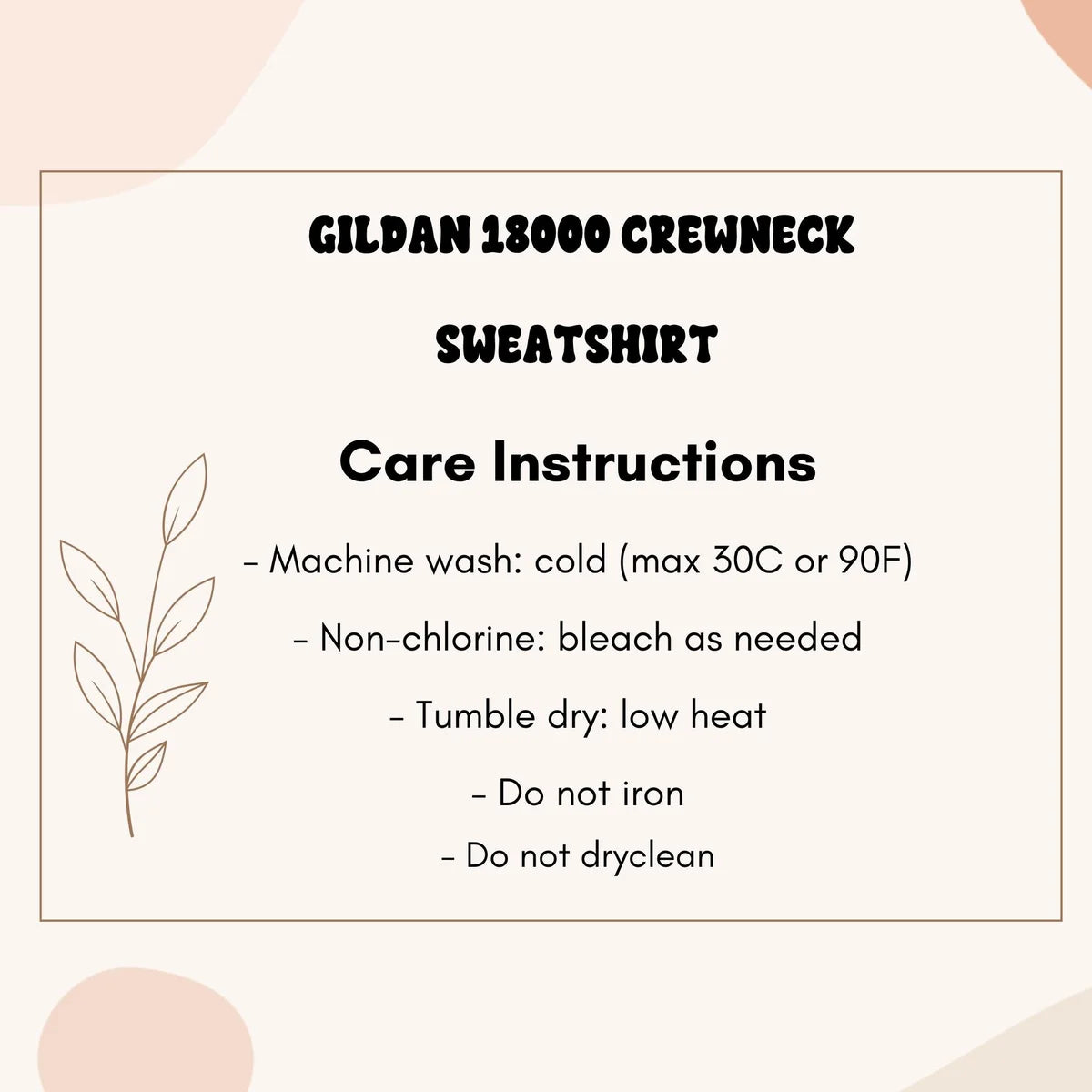 Crewneck sweatshirt care instructions card.