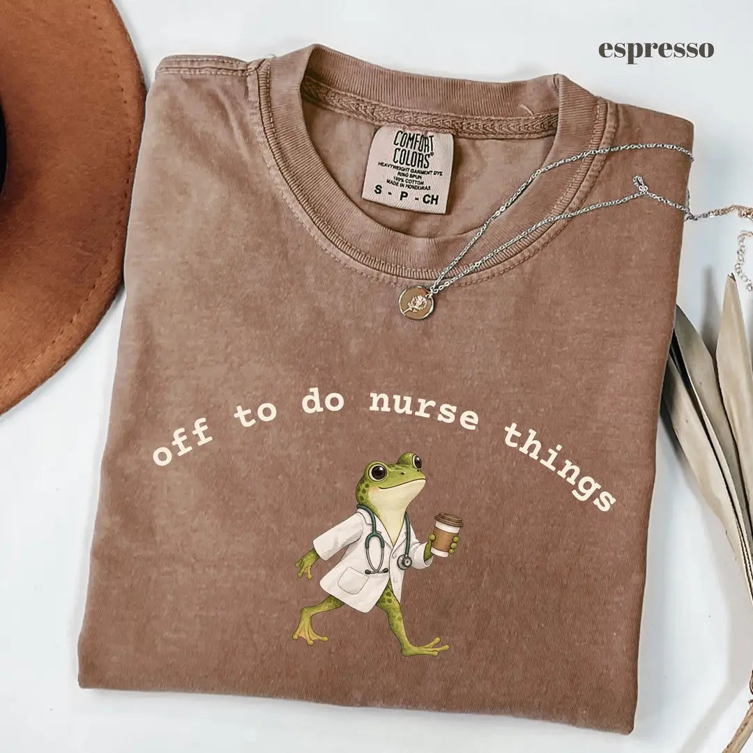Espresso Comfort Colors 1717 T-shirt with Off to Do Nurse Things design worn by a model