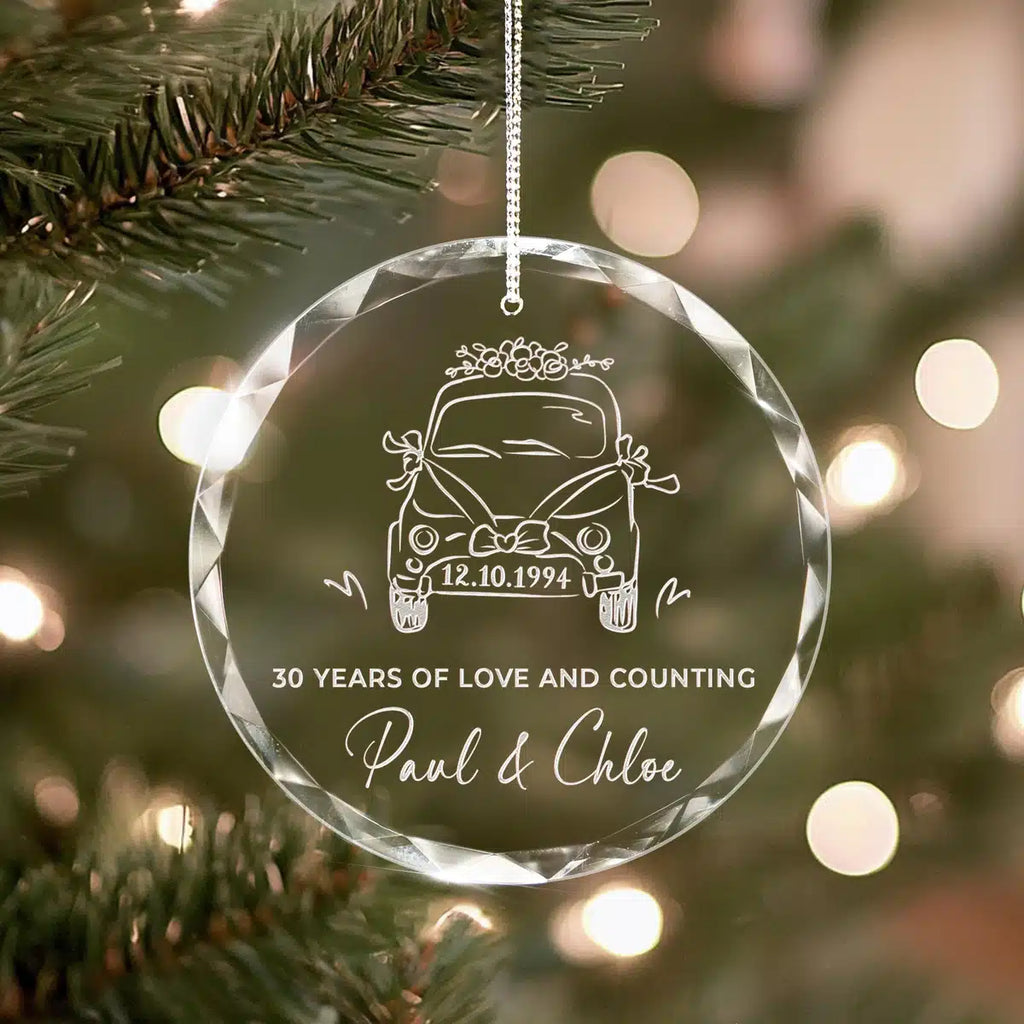 Additional view of a 30th Anniversary personalized engraved engraved crystal glass ornament.