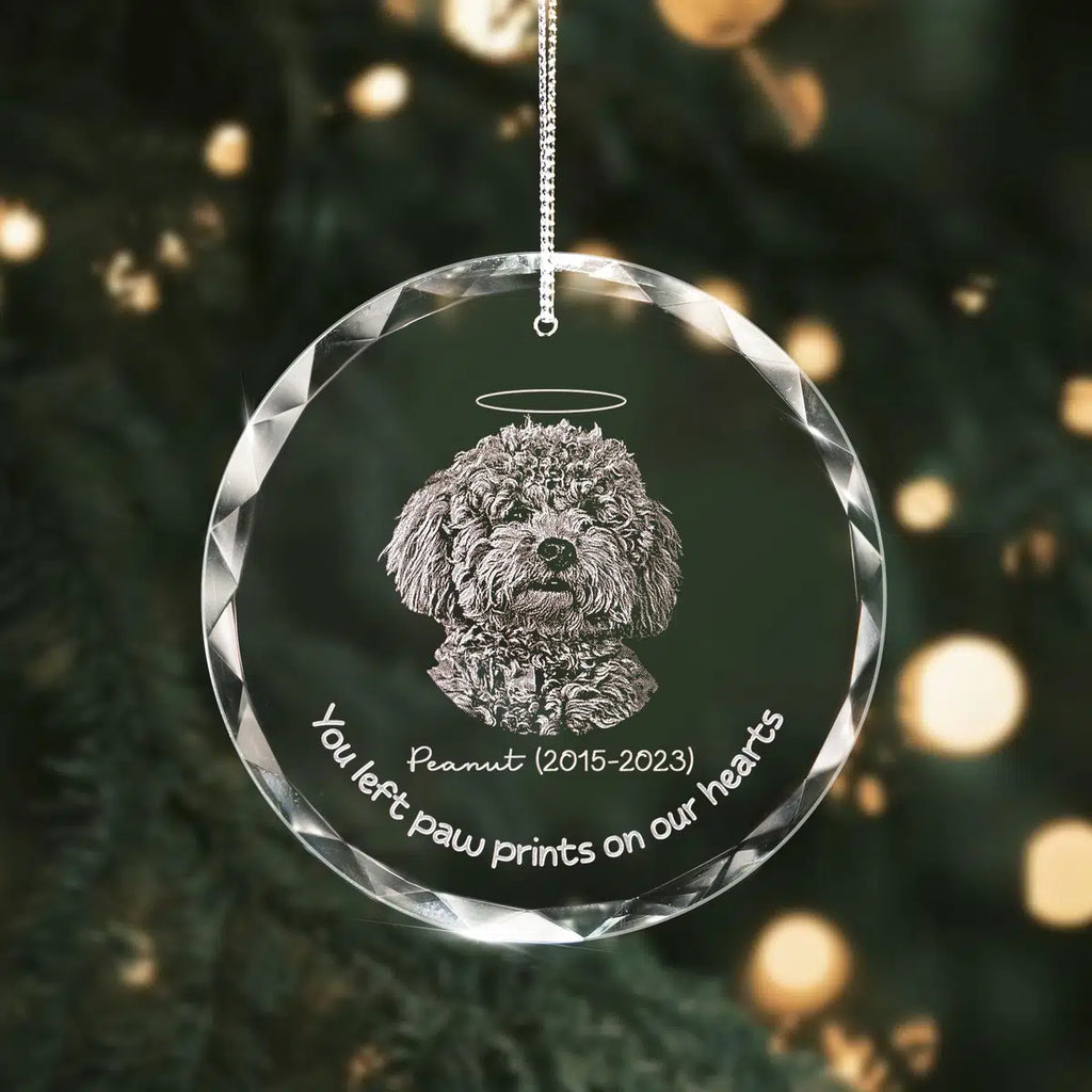 Additional view of a Pet Memorial personalized engraved engraved crystal glass ornament.