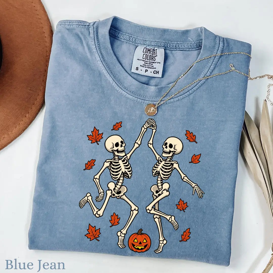 Dancing Skeleton Couple Comfort Colors T-Shirt alternate product view in Blue Jean.
