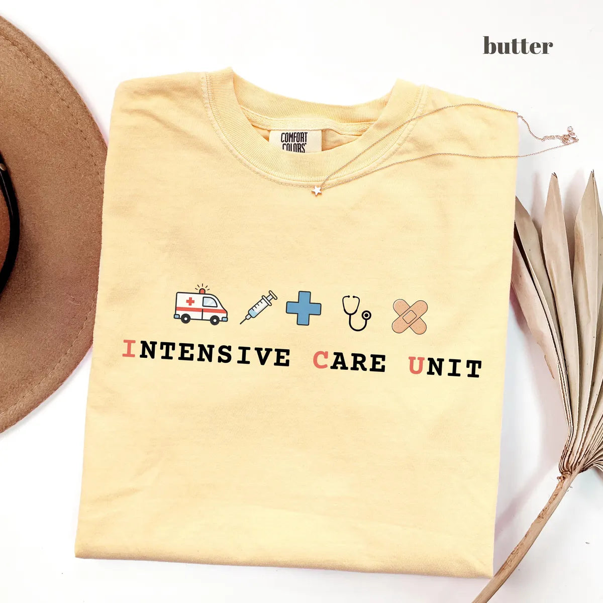 Butter Comfort Colors 1717 T-shirt with ICU Nurse design