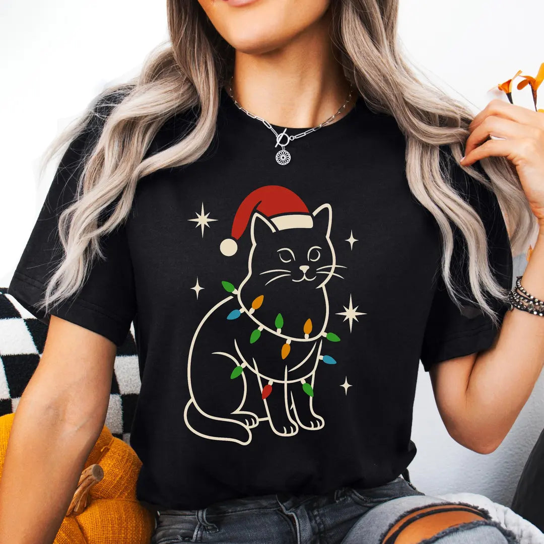 BLACK Crewneck sweatshirt with Cat Christmas design shown on a model.