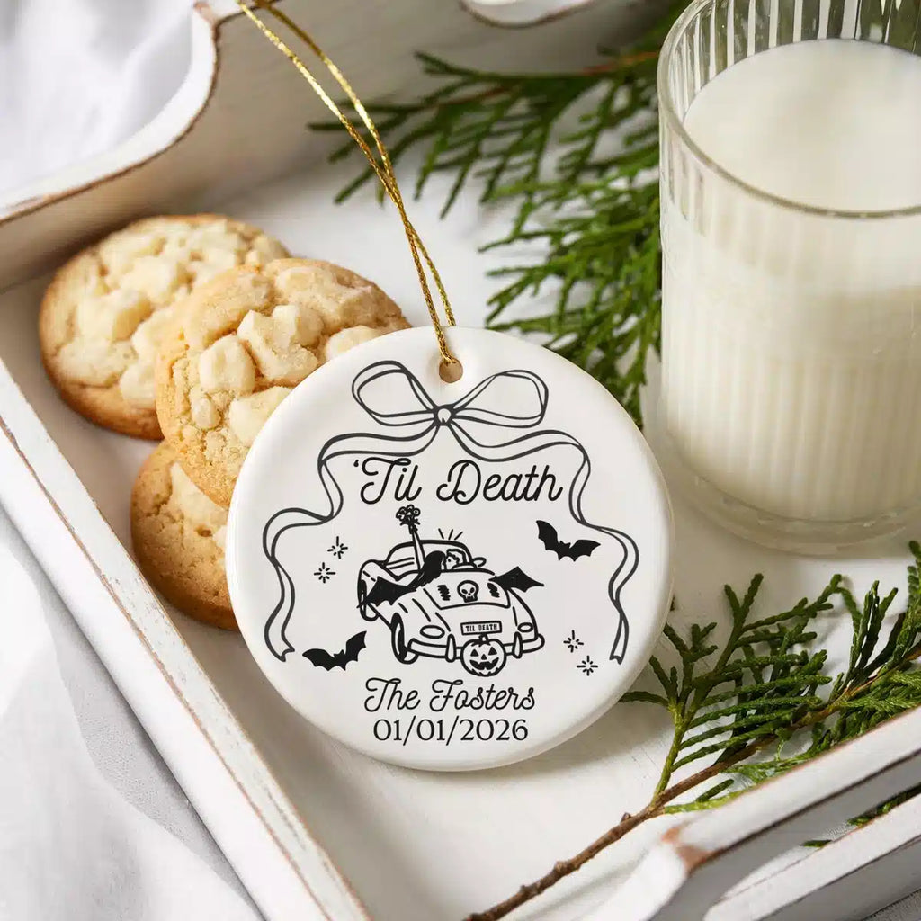 Personalized ceramic ornament featuring Til Death shown in a cookies-and-milk lifestyle scene.