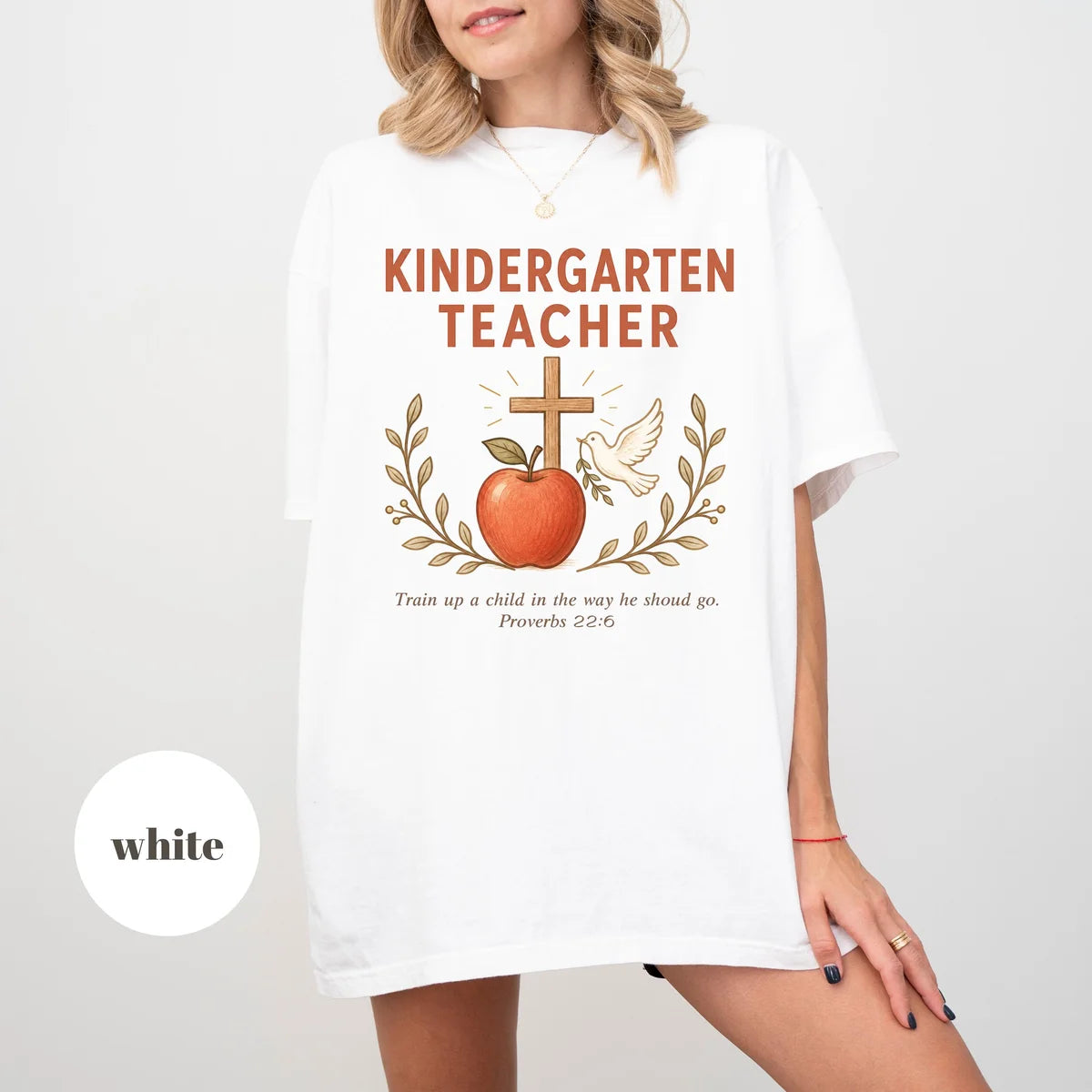 White Comfort Colors 1717 T-shirt with Christian Kindergarten Teacher design