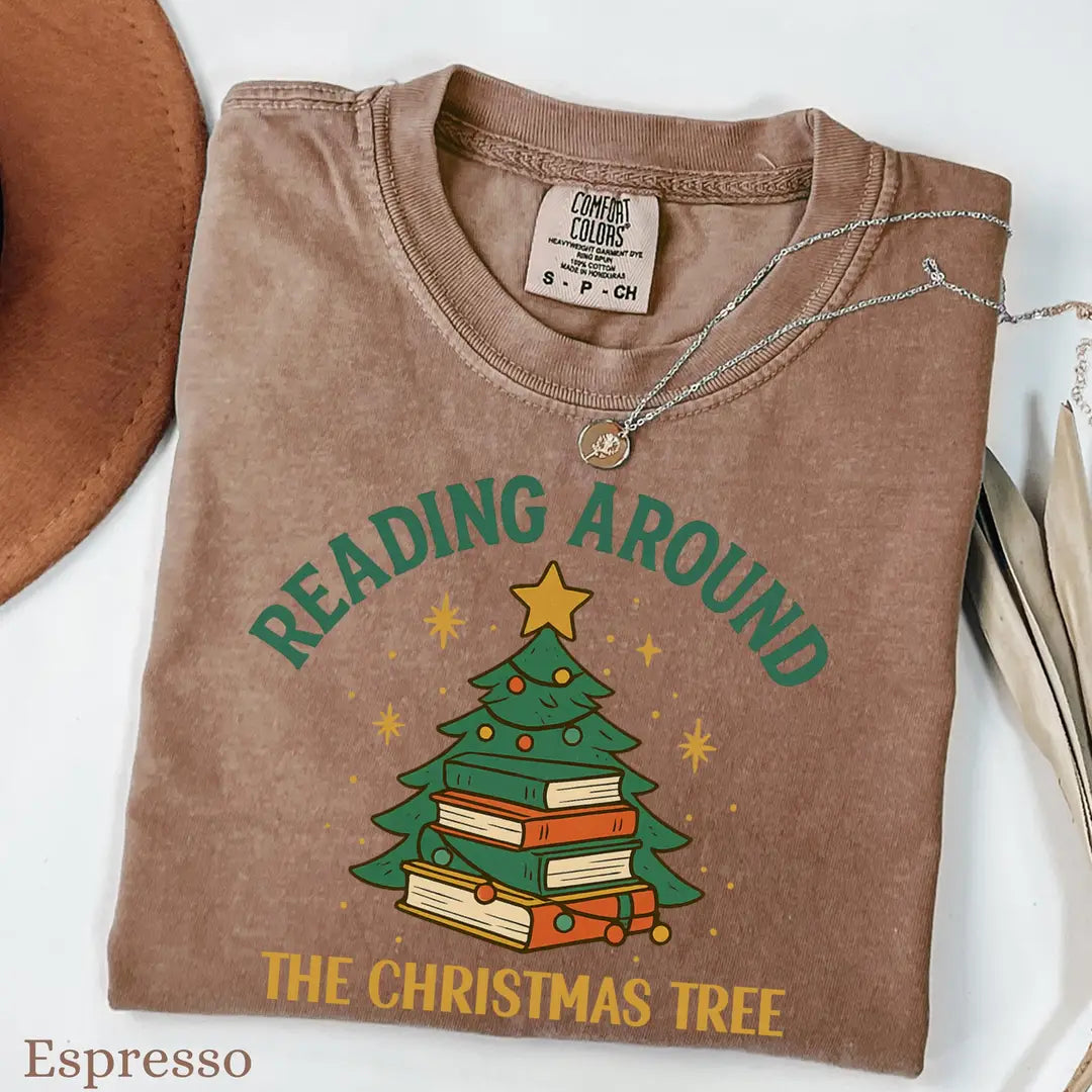 Espresso Comfort Colors 1717 T-shirt with Books Christmas design, alternate product view.
