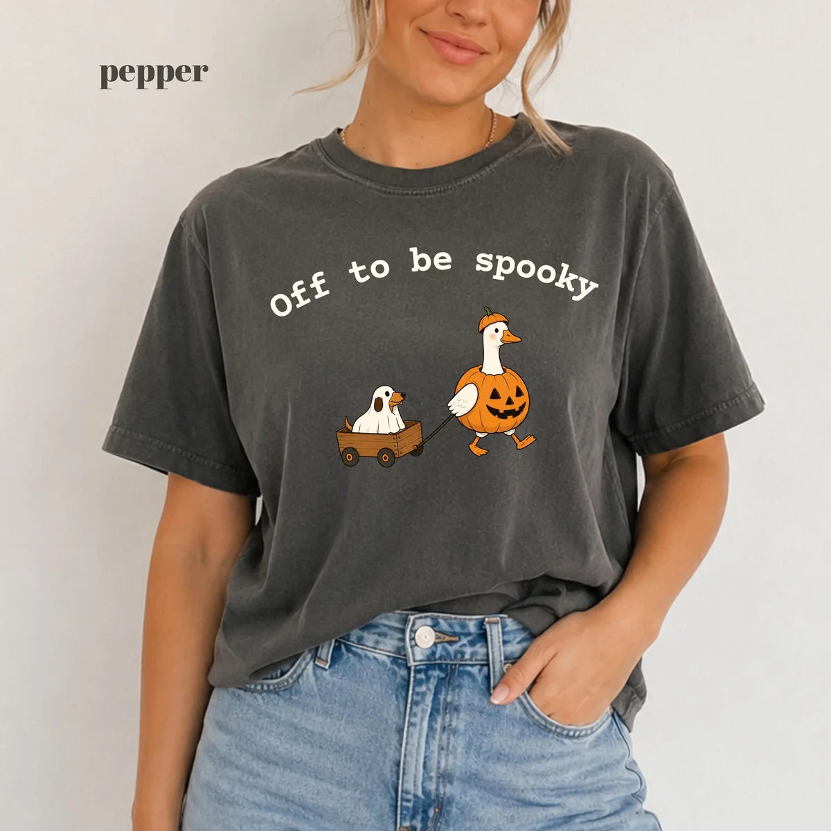 Pepper Comfort Colors 1717 T-shirt with Off To Be Spooky design worn by a model
